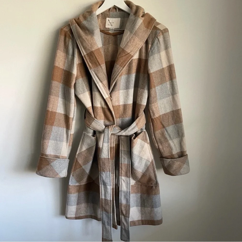 a new day Plaid Belted Hooded Coat in Tan and Cream